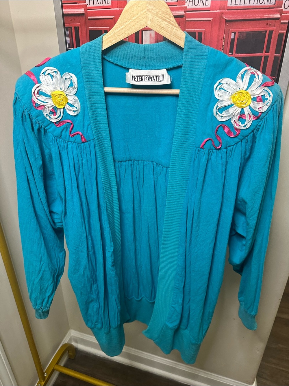 Vintage Peter Popovitch Open Front Cardigan Embroidered Flowers Shoulder Pads
